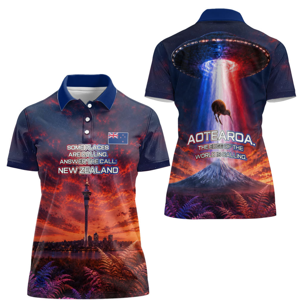 New Zealand Aotearoa Kiwi UFO Women Polo Shirt Sci-Fi Galaxy Sunset Sky Tower And Mountain TS04 - Polynesian Pride