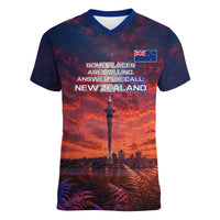 New Zealand Aotearoa Kiwi UFO Women V-Neck T-Shirt Sci-Fi Galaxy Sunset Sky Tower And Mountain TS04 Female Blue Red - Polynesian Pride