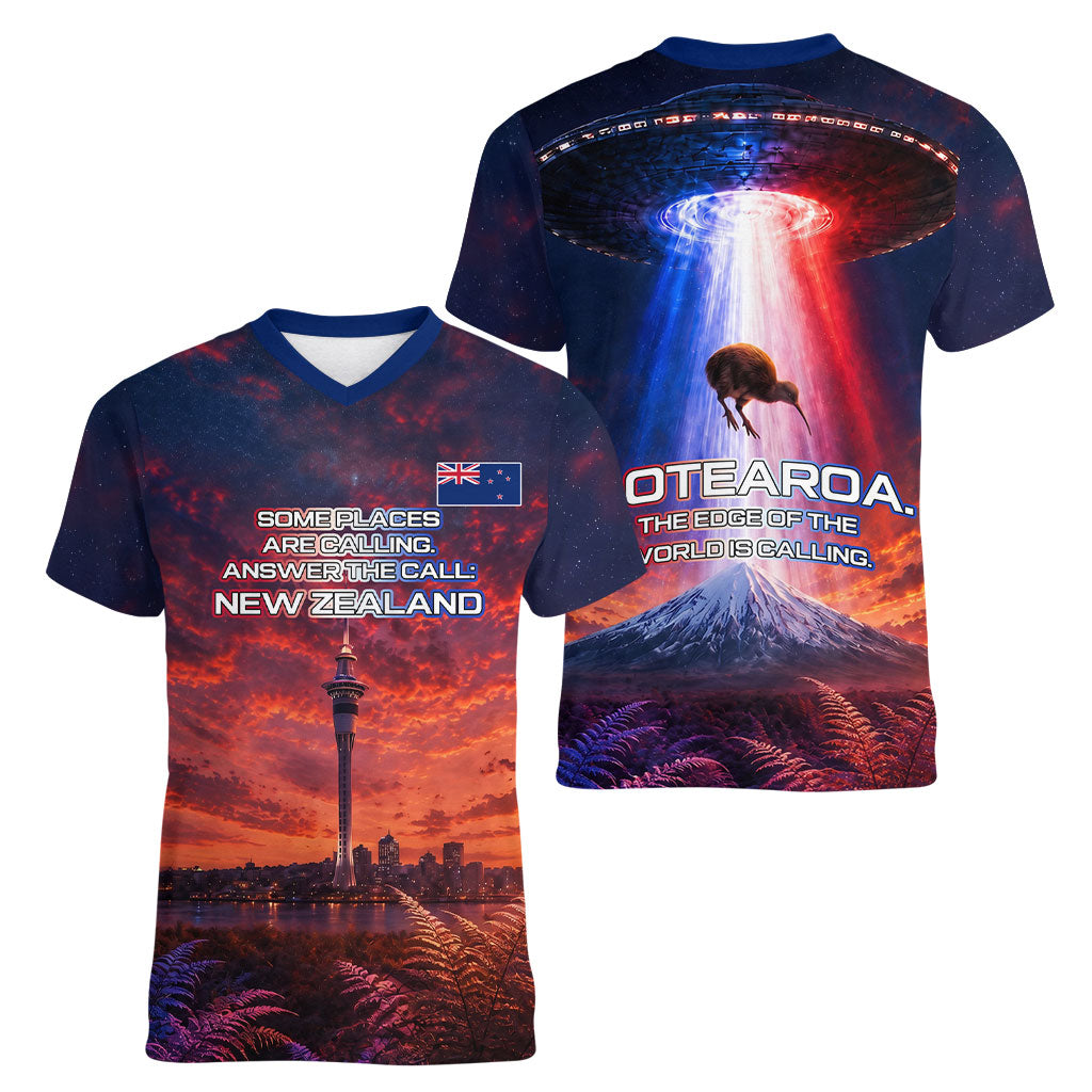 New Zealand Aotearoa Kiwi UFO Women V-Neck T-Shirt Sci-Fi Galaxy Sunset Sky Tower And Mountain TS04 - Polynesian Pride