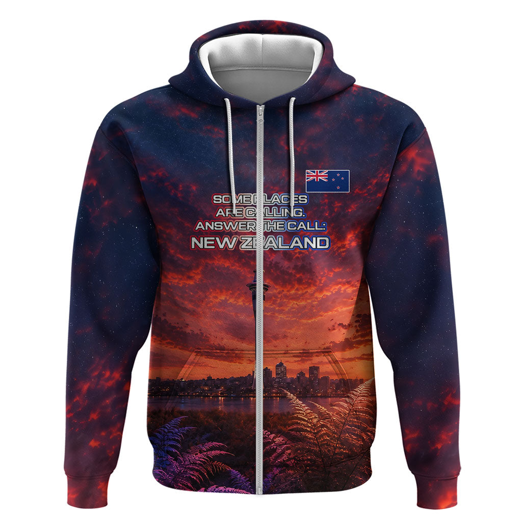 New Zealand Aotearoa Kiwi UFO Zip Hoodie Sci-Fi Galaxy Sunset Sky Tower And Mountain TS04 Zip Hoodie Blue Red - Polynesian Pride