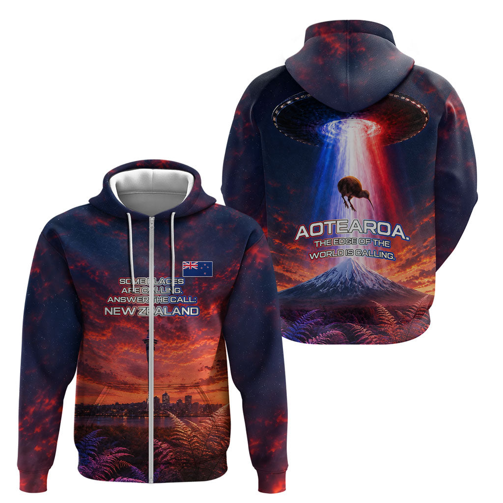 New Zealand Aotearoa Kiwi UFO Zip Hoodie Sci-Fi Galaxy Sunset Sky Tower And Mountain TS04 - Polynesian Pride