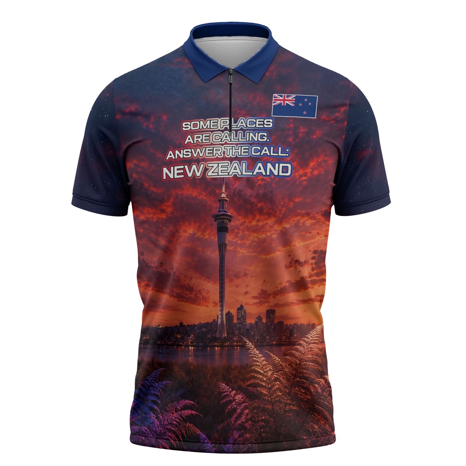 New Zealand Aotearoa Kiwi UFO Zipper Polo Shirt Sci-Fi Galaxy Sunset Sky Tower And Mountain TS04 Blue Red - Polynesian Pride