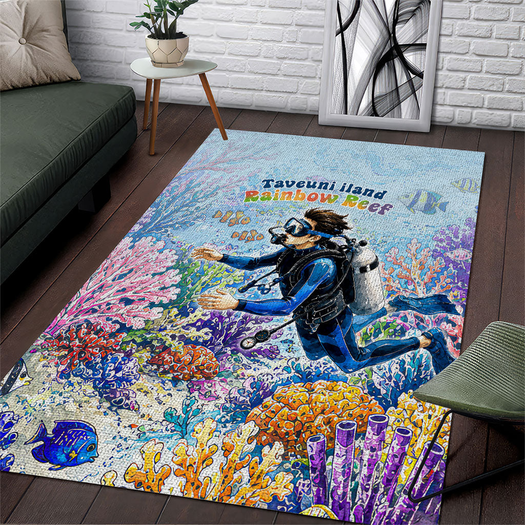 Fiji Taveuni Rainbow Reef Area Rug Scuba Diver Vibrant Undersea Coral Garden Watercolor TS04 Blue - Polynesian Pride