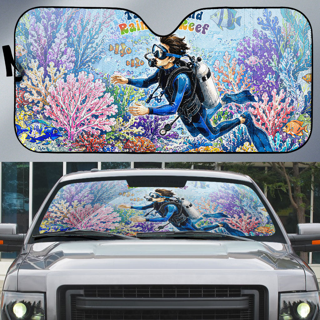 Fiji Taveuni Rainbow Reef Auto Sun Shade Scuba Diver Vibrant Undersea Coral Garden Watercolor TS04 Blue - Polynesian Pride
