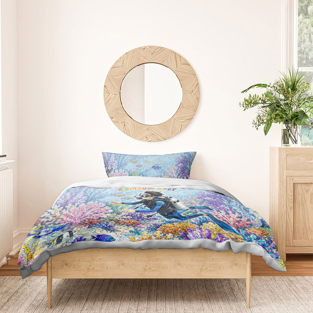 Fiji Taveuni Rainbow Reef Bedding Set Scuba Diver Vibrant Undersea Coral Garden Watercolor TS04 - Polynesian Pride