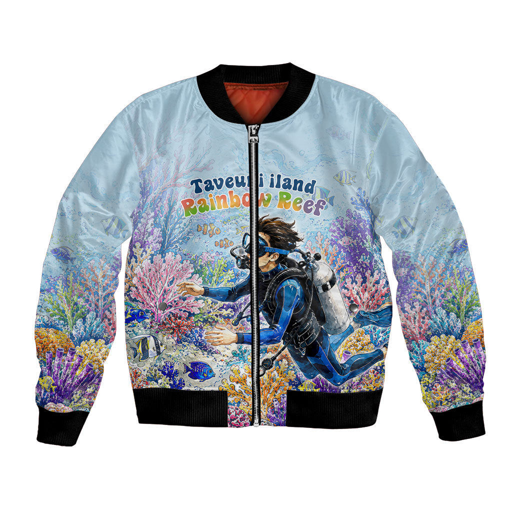 Fiji Taveuni Rainbow Reef Bomber Jacket Scuba Diver Vibrant Undersea Coral Garden Watercolor TS04 Unisex Blue - Polynesian Pride