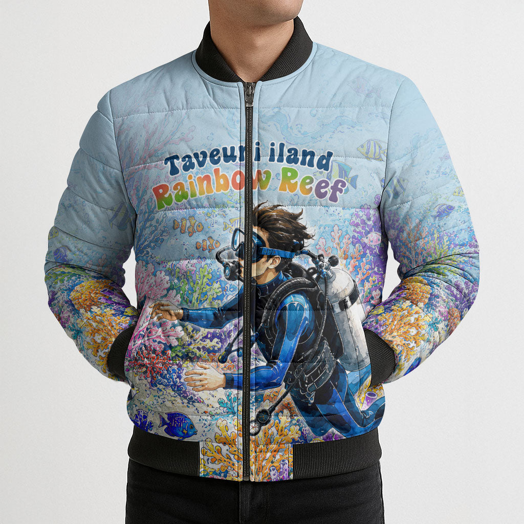 Fiji Taveuni Rainbow Reef Bomber Puffer Jacket Scuba Diver Vibrant Undersea Coral Garden Watercolor TS04 - Polynesian Pride