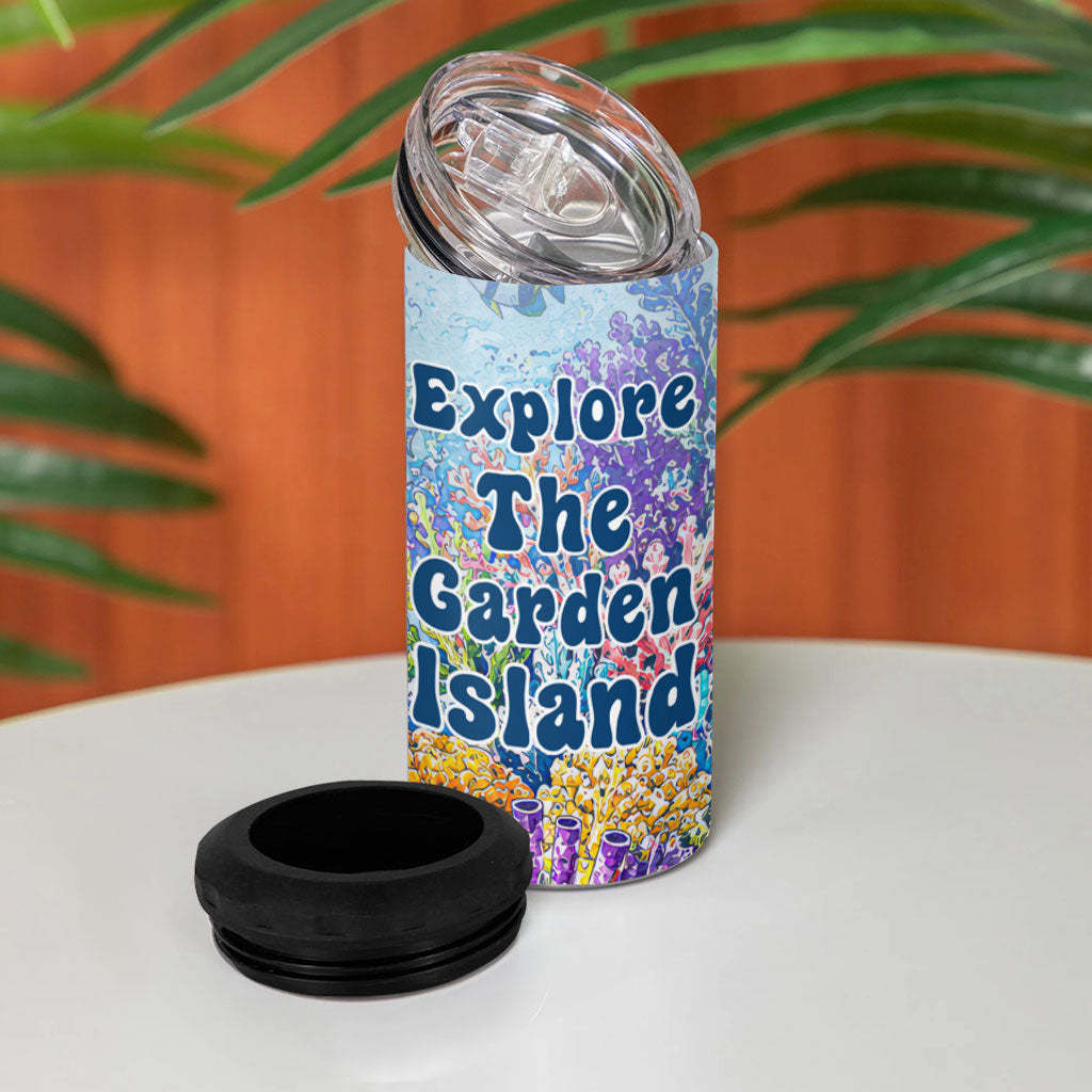 Fiji Taveuni Rainbow Reef 4 in 1 Can Cooler Tumbler Scuba Diver Vibrant Undersea Coral Garden Watercolor TS04 - Polynesian Pride