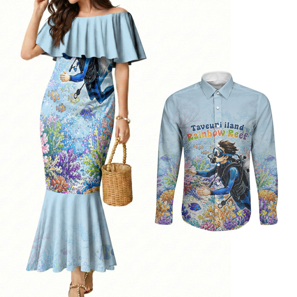 Fiji Taveuni Rainbow Reef Couples Matching Mermaid Dress and Long Sleeve Button Shirt Scuba Diver Vibrant Undersea Coral Garden Watercolor TS04 Blue - Polynesian Pride