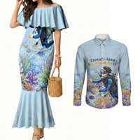 Fiji Taveuni Rainbow Reef Couples Matching Mermaid Dress and Long Sleeve Button Shirt Scuba Diver Vibrant Undersea Coral Garden Watercolor TS04 Blue - Polynesian Pride