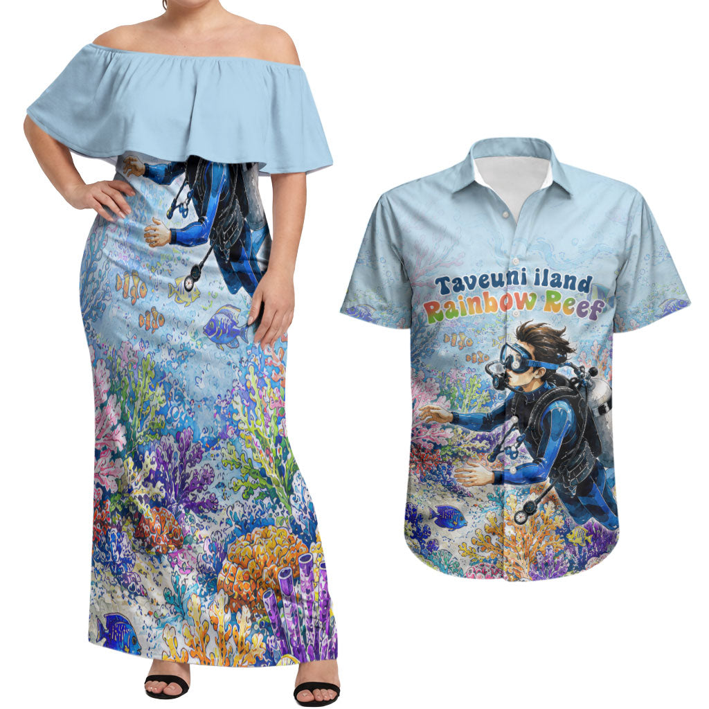 Fiji Taveuni Rainbow Reef Couples Matching Off Shoulder Maxi Dress and Hawaiian Shirt Scuba Diver Vibrant Undersea Coral Garden Watercolor TS04 Blue - Polynesian Pride