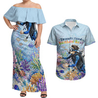 Fiji Taveuni Rainbow Reef Couples Matching Off Shoulder Maxi Dress and Hawaiian Shirt Scuba Diver Vibrant Undersea Coral Garden Watercolor TS04 Blue - Polynesian Pride
