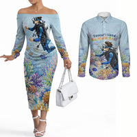 Fiji Taveuni Rainbow Reef Couples Matching Off The Shoulder Long Sleeve Dress and Long Sleeve Button Shirt Scuba Diver Vibrant Undersea Coral Garden Watercolor TS04 Blue - Polynesian Pride