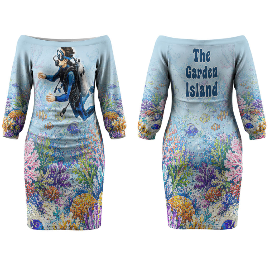 Fiji Taveuni Rainbow Reef Couples Matching Off The Shoulder Long Sleeve Dress and Long Sleeve Button Shirt Scuba Diver Vibrant Undersea Coral Garden Watercolor TS04 - Polynesian Pride