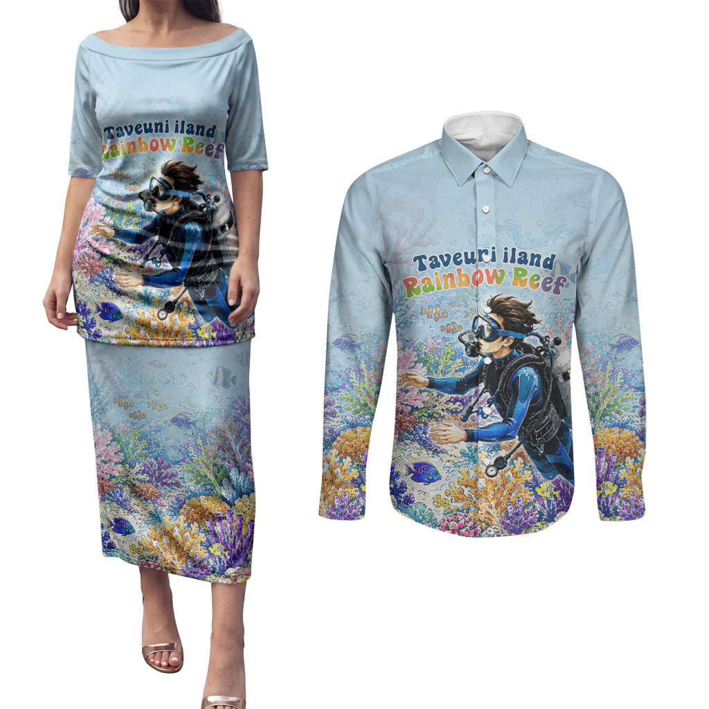 Fiji Taveuni Rainbow Reef Couples Matching Puletasi and Long Sleeve Button Shirt Scuba Diver Vibrant Undersea Coral Garden Watercolor TS04 Blue - Polynesian Pride