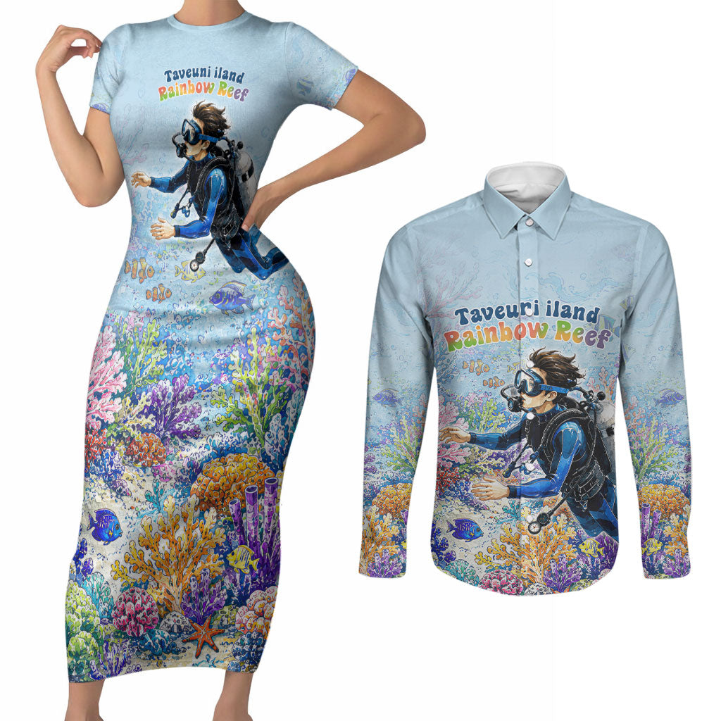 Fiji Taveuni Rainbow Reef Couples Matching Short Sleeve Bodycon Dress and Long Sleeve Button Shirt Scuba Diver Vibrant Undersea Coral Garden Watercolor TS04 Blue - Polynesian Pride