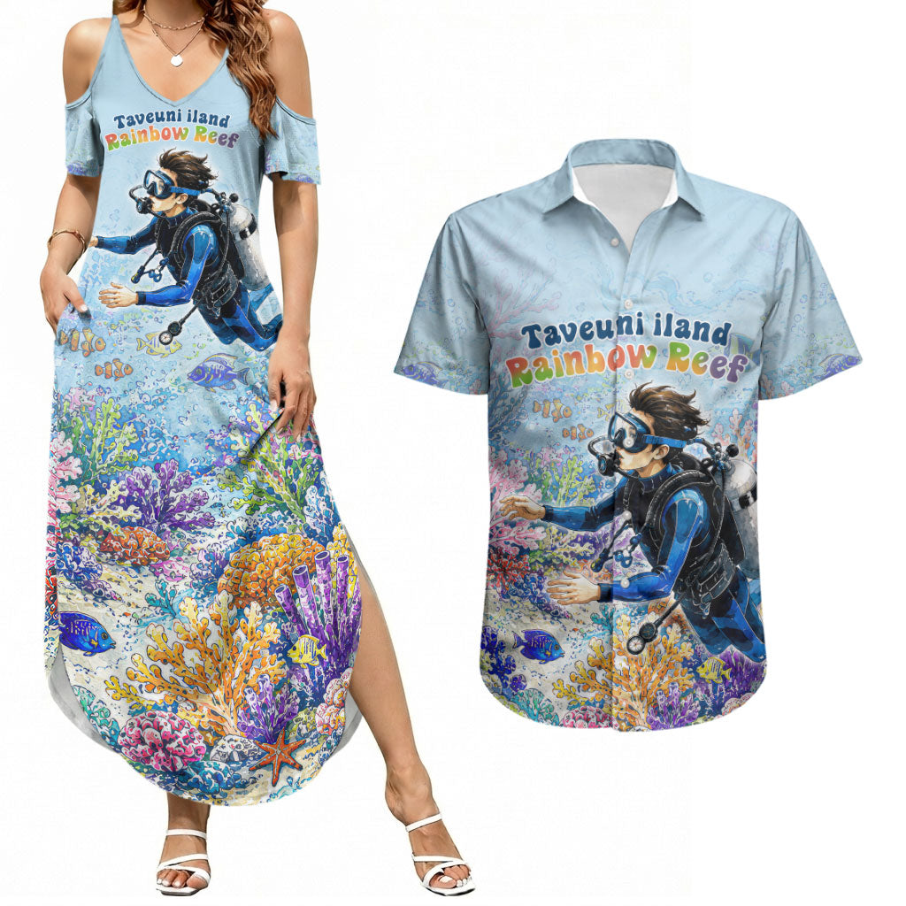 Fiji Taveuni Rainbow Reef Couples Matching Summer Maxi Dress and Hawaiian Shirt Scuba Diver Vibrant Undersea Coral Garden Watercolor TS04 Blue - Polynesian Pride