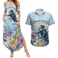 Fiji Taveuni Rainbow Reef Couples Matching Summer Maxi Dress and Hawaiian Shirt Scuba Diver Vibrant Undersea Coral Garden Watercolor TS04 Blue - Polynesian Pride