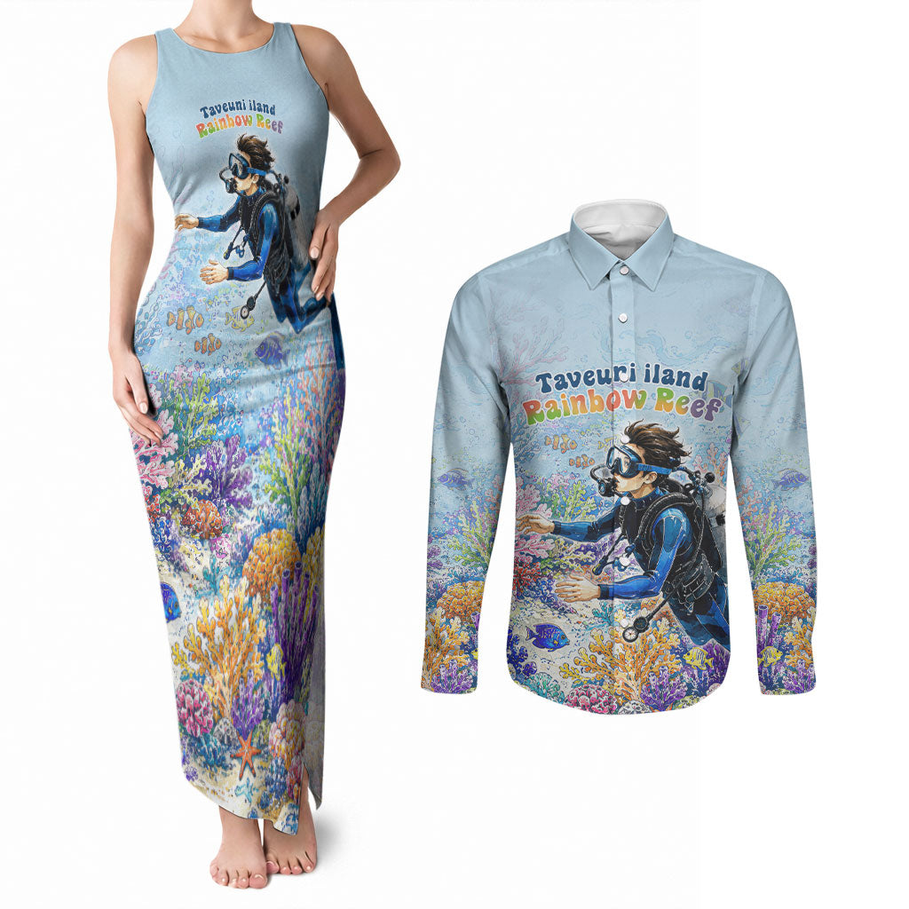 Fiji Taveuni Rainbow Reef Couples Matching Tank Maxi Dress and Long Sleeve Button Shirt Scuba Diver Vibrant Undersea Coral Garden Watercolor TS04 Blue - Polynesian Pride