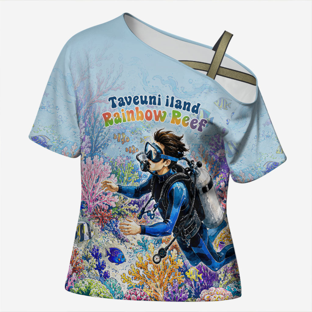 Fiji Taveuni Rainbow Reef Cross Shoulder Shirt Scuba Diver Vibrant Undersea Coral Garden Watercolor TS04 Female Blue - Polynesian Pride