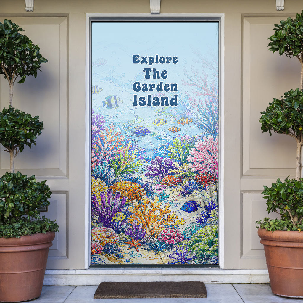 Fiji Taveuni Rainbow Reef Door Cover Scuba Diver Vibrant Undersea Coral Garden Watercolor TS04 Blue - Polynesian Pride