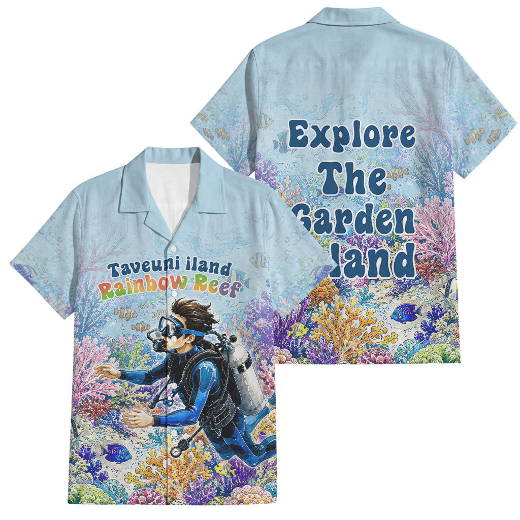 Fiji Taveuni Rainbow Reef Family Matching Mermaid Dress and Hawaiian Shirt Scuba Diver Vibrant Undersea Coral Garden Watercolor TS04 Dad's Shirt - Short Sleeve Blue - Polynesian Pride