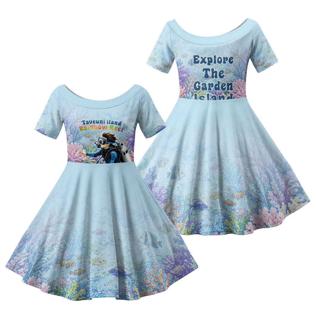 Fiji Taveuni Rainbow Reef Family Matching Mermaid Dress and Hawaiian Shirt Scuba Diver Vibrant Undersea Coral Garden Watercolor TS04 Daughter's Dress Blue - Polynesian Pride