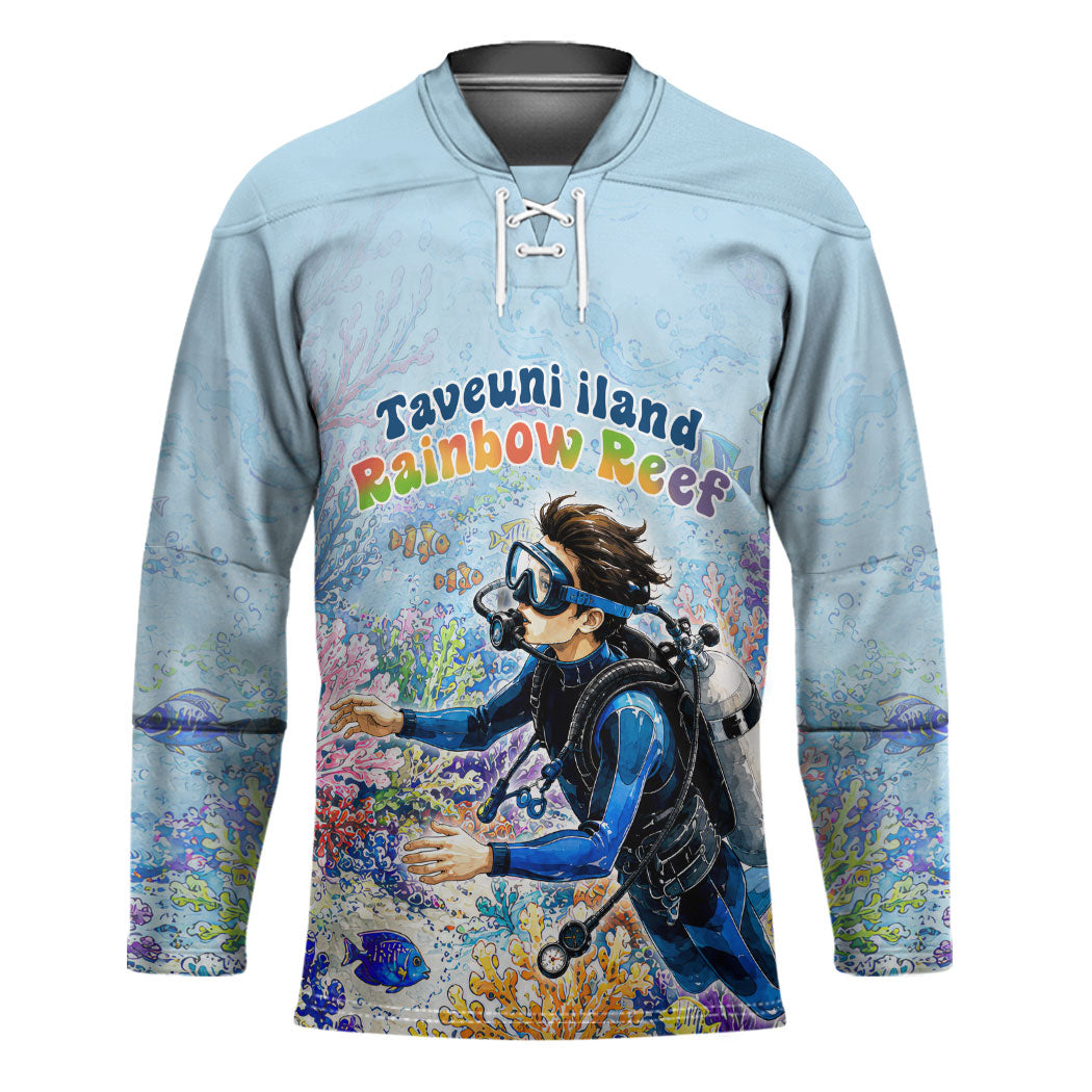 Fiji Taveuni Rainbow Reef Hockey Jersey Scuba Diver Vibrant Undersea Coral Garden Watercolor TS04 Unisex Blue - Polynesian Pride