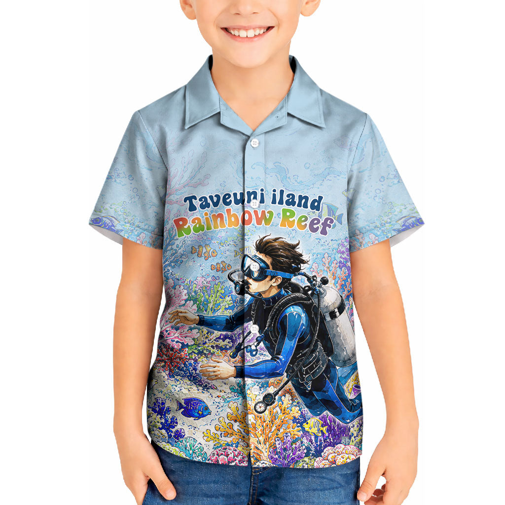 Fiji Taveuni Rainbow Reef Kid Hawaiian Shirt Scuba Diver Vibrant Undersea Coral Garden Watercolor TS04 Kid Blue - Polynesian Pride