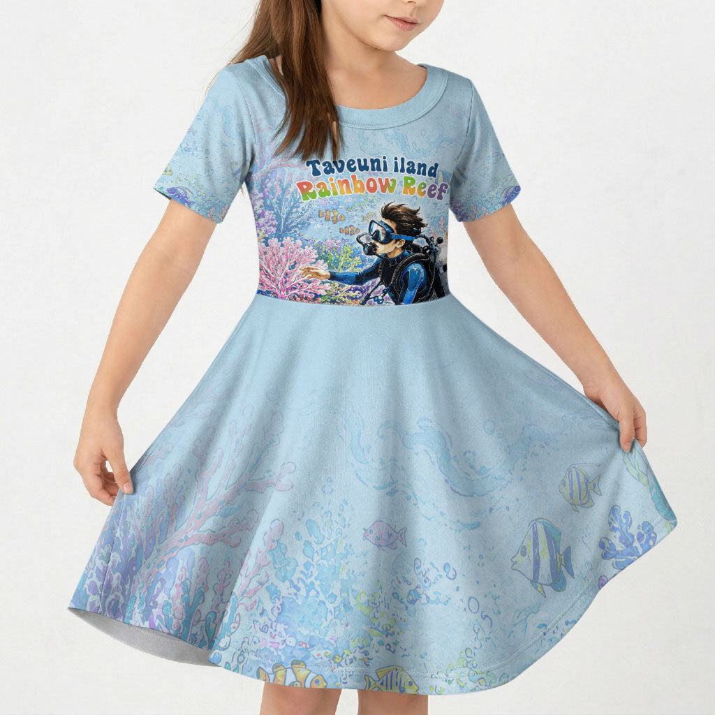 Fiji Taveuni Rainbow Reef Kid Short Sleeve Dress Scuba Diver Vibrant Undersea Coral Garden Watercolor TS04 KID Blue - Polynesian Pride