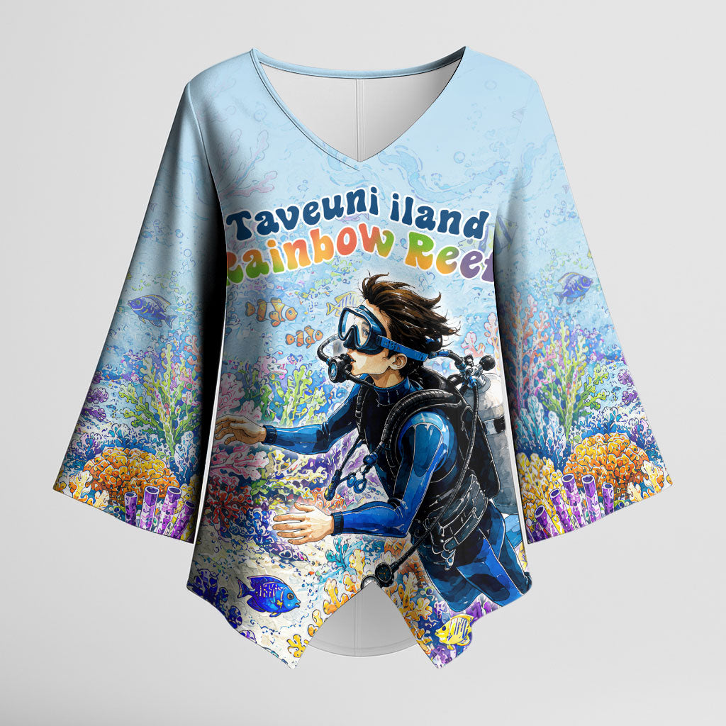 Fiji Taveuni Rainbow Reef Kimono Sleeve Blouse Scuba Diver Vibrant Undersea Coral Garden Watercolor TS04 Female Blue - Polynesian Pride