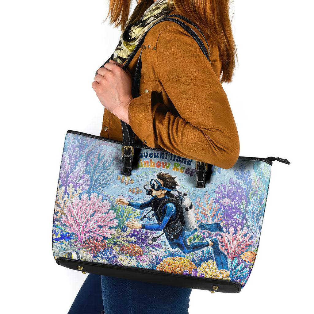 Fiji Taveuni Rainbow Reef Leather Tote Bag Scuba Diver Vibrant Undersea Coral Garden Watercolor TS04 Blue - Polynesian Pride