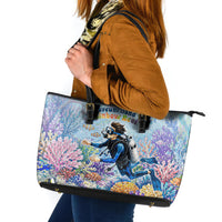 Fiji Taveuni Rainbow Reef Leather Tote Bag Scuba Diver Vibrant Undersea Coral Garden Watercolor TS04 Blue - Polynesian Pride