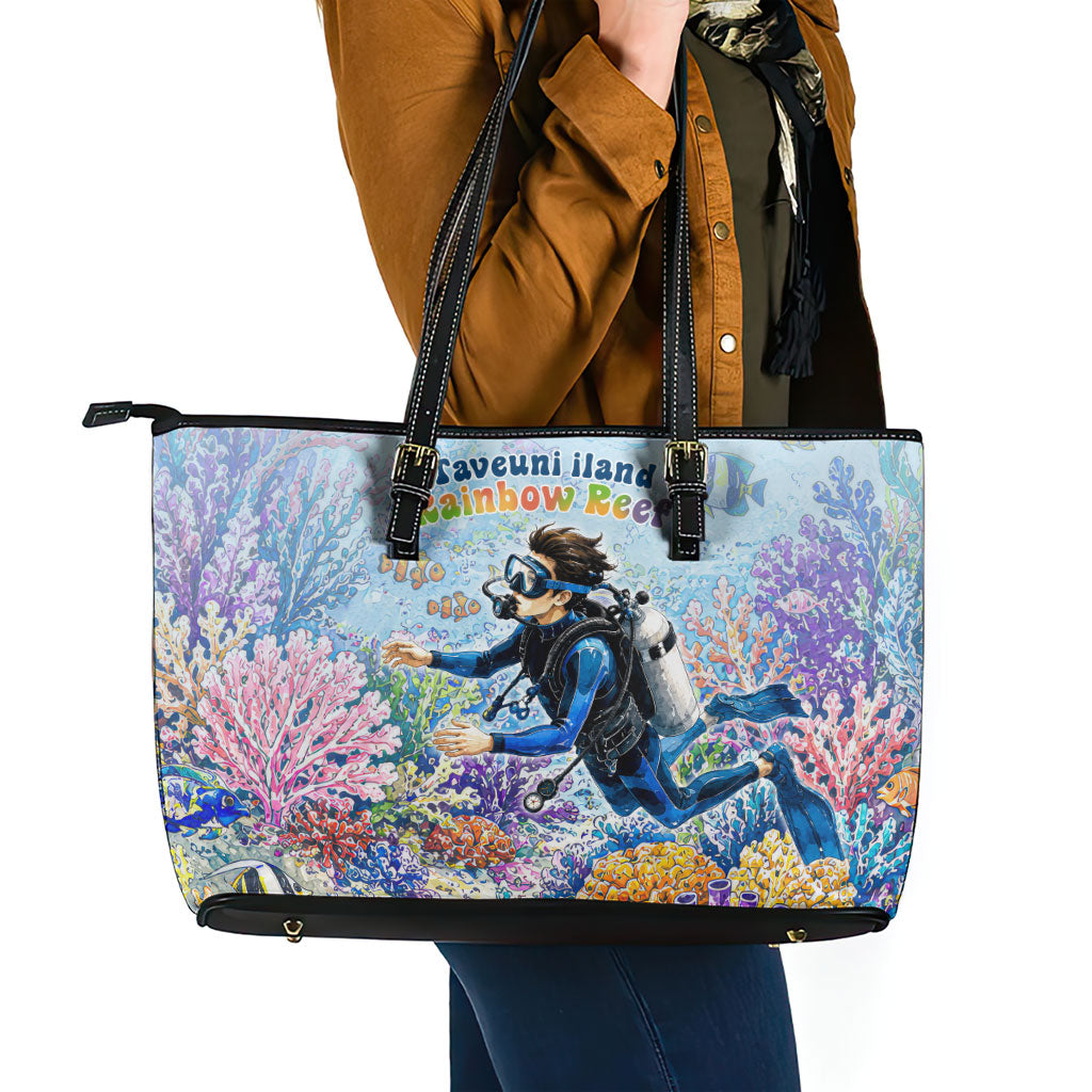 Fiji Taveuni Rainbow Reef Leather Tote Bag Scuba Diver Vibrant Undersea Coral Garden Watercolor TS04 - Polynesian Pride