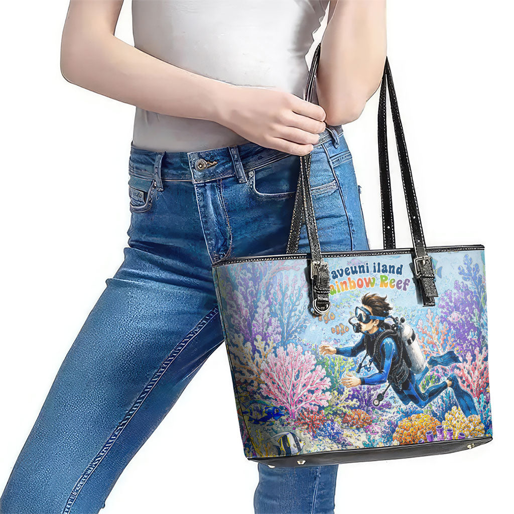Fiji Taveuni Rainbow Reef Leather Tote Bag Scuba Diver Vibrant Undersea Coral Garden Watercolor TS04 - Polynesian Pride