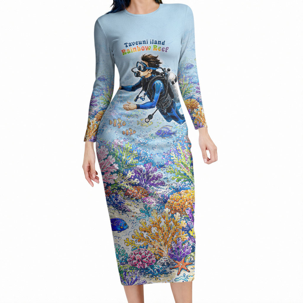 Fiji Taveuni Rainbow Reef Long Sleeve Bodycon Dress Scuba Diver Vibrant Undersea Coral Garden Watercolor TS04 Long Dress Blue - Polynesian Pride