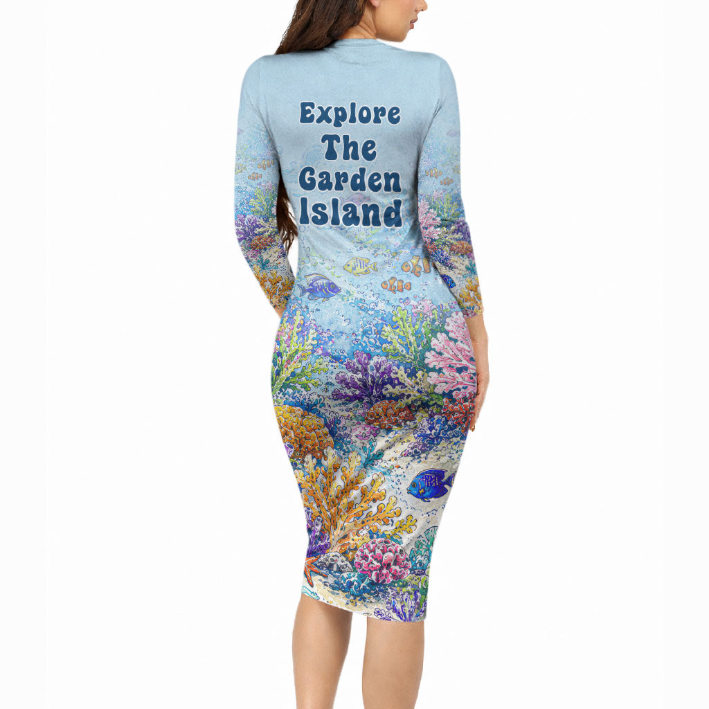 Fiji Taveuni Rainbow Reef Long Sleeve Bodycon Dress Scuba Diver Vibrant Undersea Coral Garden Watercolor TS04 - Polynesian Pride