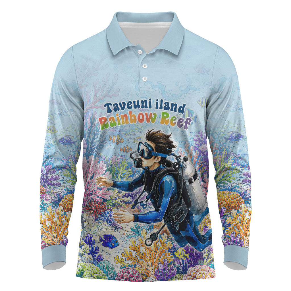 Fiji Taveuni Rainbow Reef Long Sleeve Polo Shirt Scuba Diver Vibrant Undersea Coral Garden Watercolor TS04 Blue - Polynesian Pride