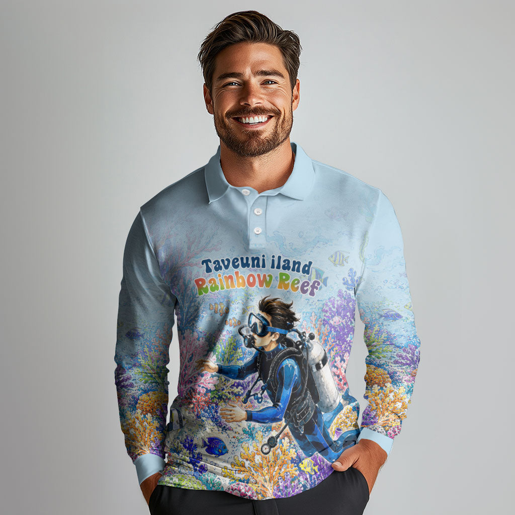 Fiji Taveuni Rainbow Reef Long Sleeve Polo Shirt Scuba Diver Vibrant Undersea Coral Garden Watercolor TS04 - Polynesian Pride