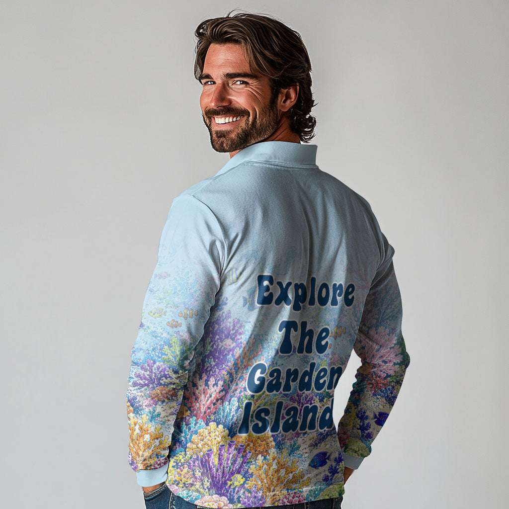 Fiji Taveuni Rainbow Reef Long Sleeve Polo Shirt Scuba Diver Vibrant Undersea Coral Garden Watercolor TS04 - Polynesian Pride