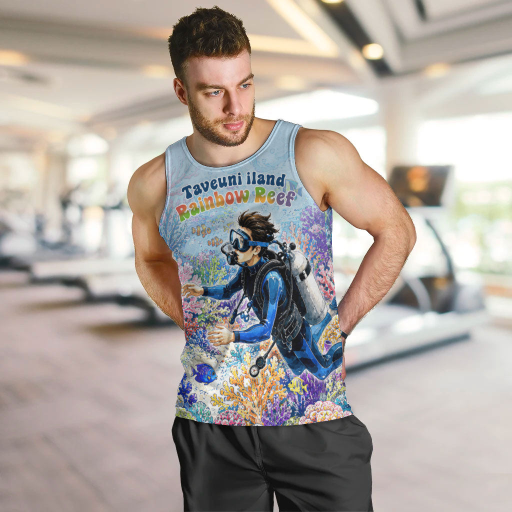 Fiji Taveuni Rainbow Reef Men Tank Top Scuba Diver Vibrant Undersea Coral Garden Watercolor TS04 Blue - Polynesian Pride