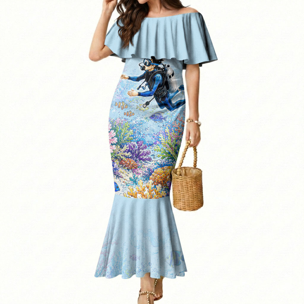 Fiji Taveuni Rainbow Reef Mermaid Dress Scuba Diver Vibrant Undersea Coral Garden Watercolor TS04 Women Blue - Polynesian Pride
