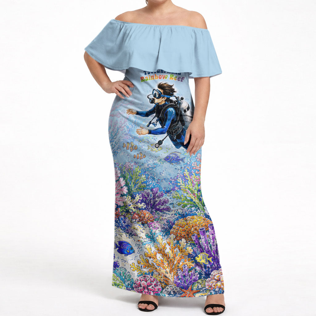 Fiji Taveuni Rainbow Reef Off Shoulder Maxi Dress Scuba Diver Vibrant Undersea Coral Garden Watercolor TS04 Women Blue - Polynesian Pride