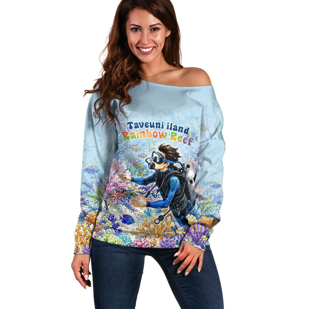 Fiji Taveuni Rainbow Reef Off Shoulder Sweater Scuba Diver Vibrant Undersea Coral Garden Watercolor TS04 Women Blue - Polynesian Pride