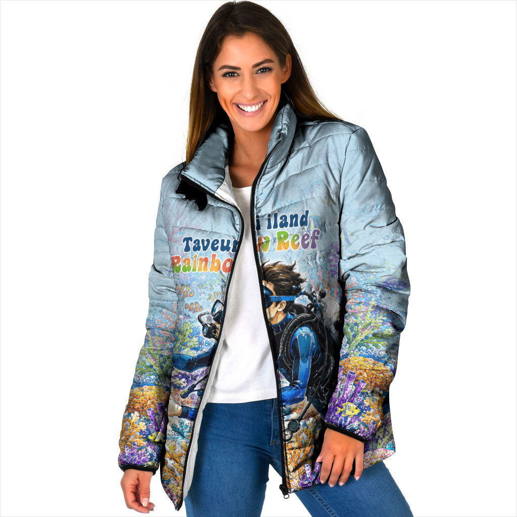 Fiji Taveuni Rainbow Reef Padded Jacket Scuba Diver Vibrant Undersea Coral Garden Watercolor TS04 Women Blue - Polynesian Pride