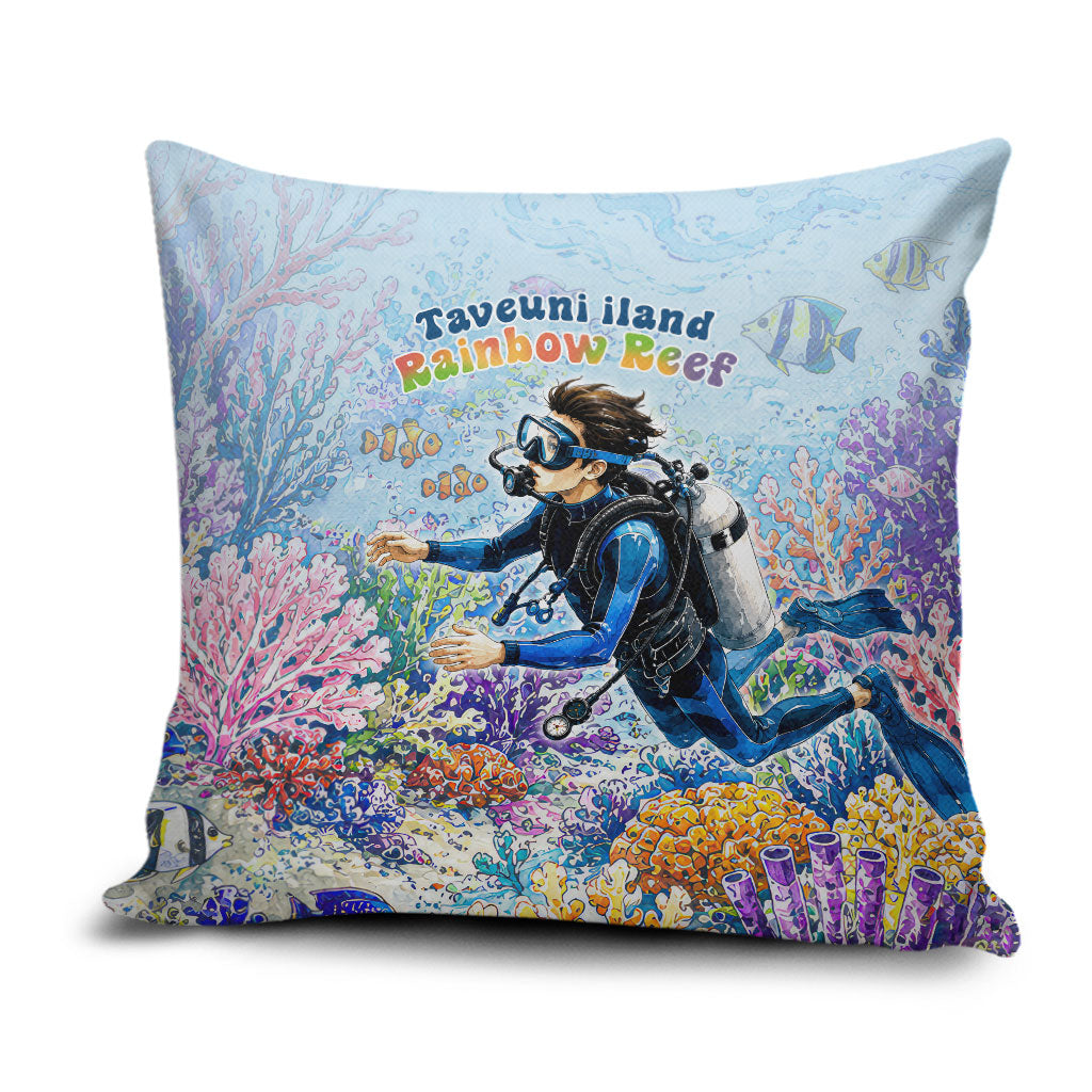 Fiji Taveuni Rainbow Reef Pillow Cover Scuba Diver Vibrant Undersea Coral Garden Watercolor TS04 Blue - Polynesian Pride