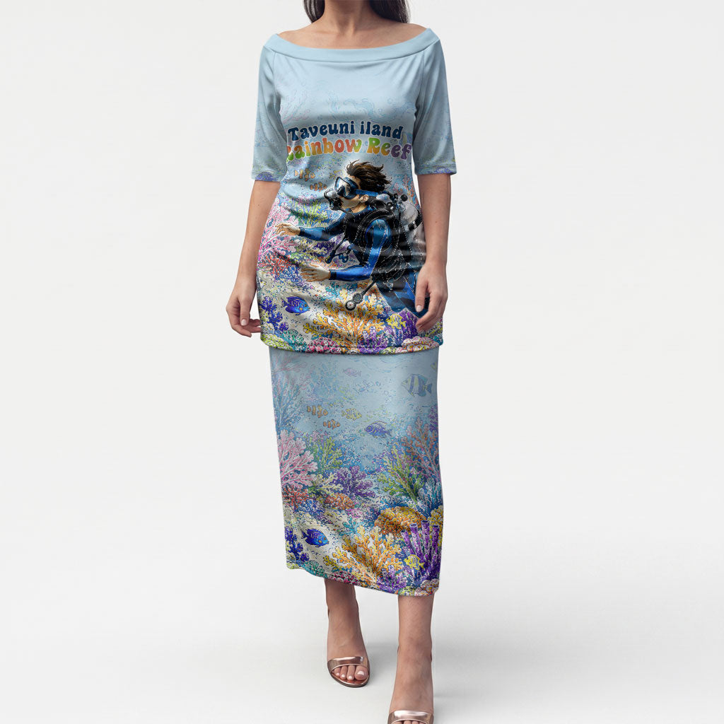 Fiji Taveuni Rainbow Reef Puletasi Scuba Diver Vibrant Undersea Coral Garden Watercolor TS04 Long Dress Blue - Polynesian Pride