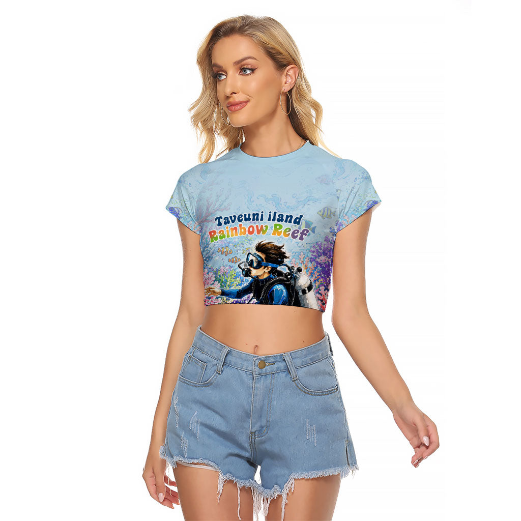 Fiji Taveuni Rainbow Reef Raglan Cropped T Shirt Scuba Diver Vibrant Undersea Coral Garden Watercolor TS04 Female Blue - Polynesian Pride
