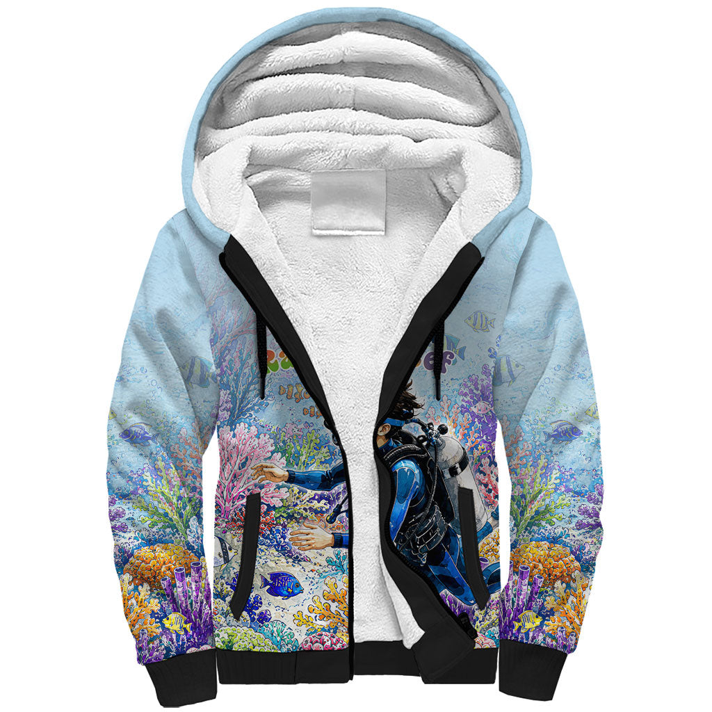 Fiji Taveuni Rainbow Reef Sherpa Hoodie Scuba Diver Vibrant Undersea Coral Garden Watercolor TS04 Unisex Blue - Polynesian Pride