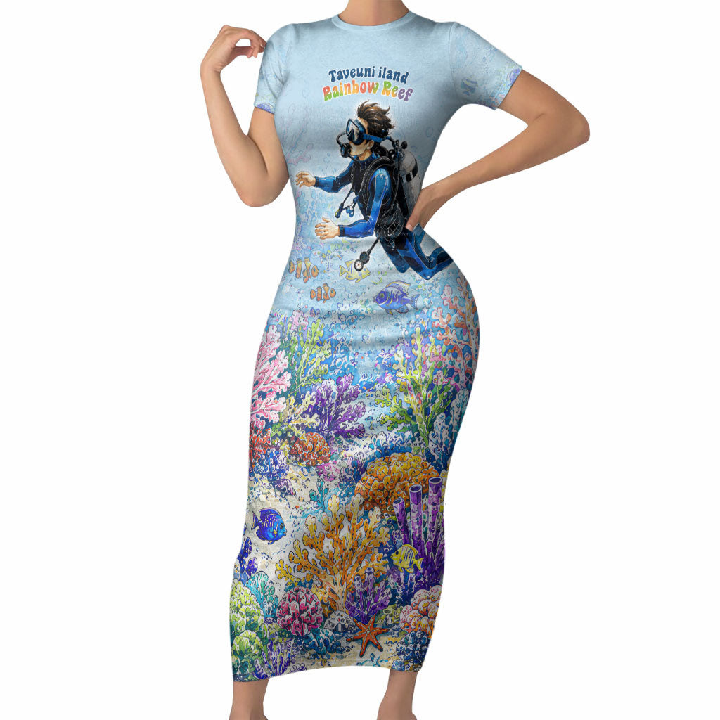 Fiji Taveuni Rainbow Reef Short Sleeve Bodycon Dress Scuba Diver Vibrant Undersea Coral Garden Watercolor TS04 Long Dress Blue - Polynesian Pride